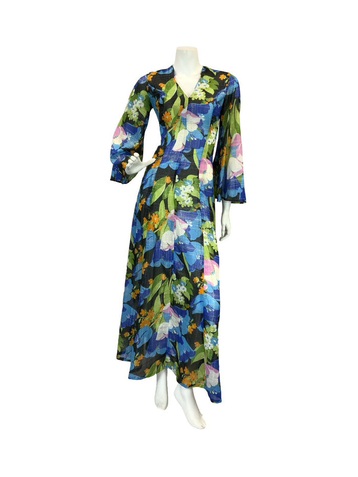 VTG 70S SHEER FLORAL PSYCHEDELIC KAFTAN MAXI DRESS  BLUE PINK ORANGE GOLD 10