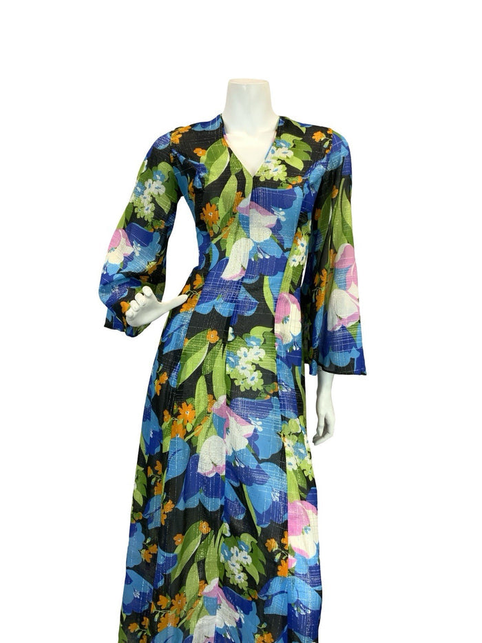VTG 70S SHEER FLORAL PSYCHEDELIC KAFTAN MAXI DRESS  BLUE PINK ORANGE GOLD 10
