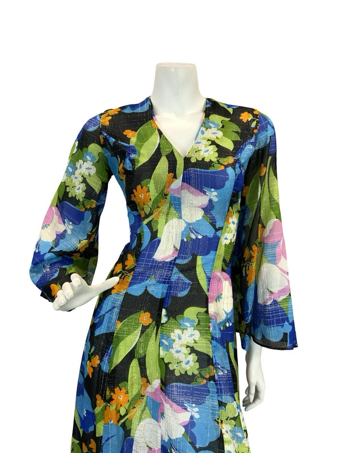 VTG 70S SHEER FLORAL PSYCHEDELIC KAFTAN MAXI DRESS  BLUE PINK ORANGE GOLD 10