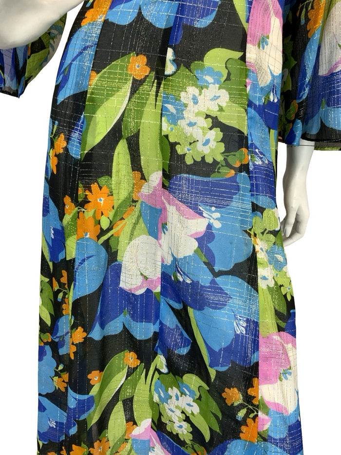 VTG 70S SHEER FLORAL PSYCHEDELIC KAFTAN MAXI DRESS  BLUE PINK ORANGE GOLD 10