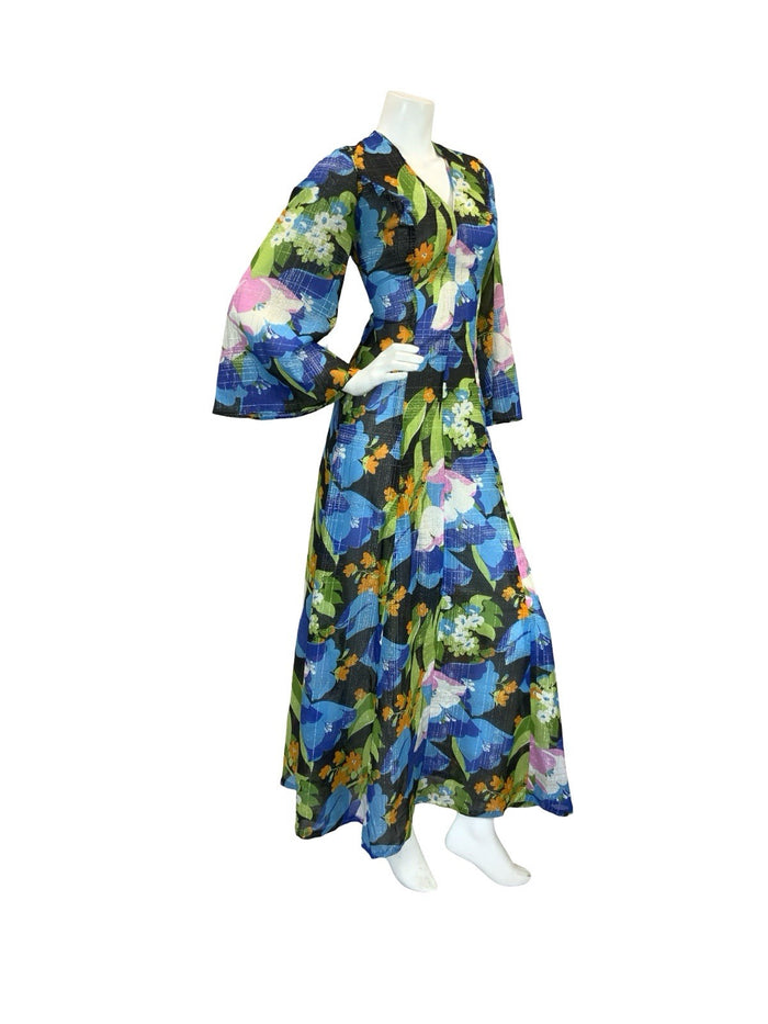 VTG 70S SHEER FLORAL PSYCHEDELIC KAFTAN MAXI DRESS  BLUE PINK ORANGE GOLD 10