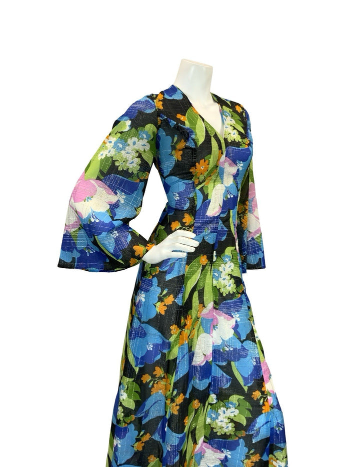 VTG 70S SHEER FLORAL PSYCHEDELIC KAFTAN MAXI DRESS  BLUE PINK ORANGE GOLD 10