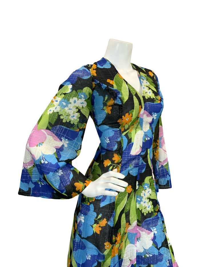 VTG 70S SHEER FLORAL PSYCHEDELIC KAFTAN MAXI DRESS  BLUE PINK ORANGE GOLD 10