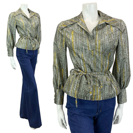 VTG 70S SILVER GOLD SPOTTY METALLIC DAGGER COLLAR BISHOP SLEEVE PARTY SHIRT 8