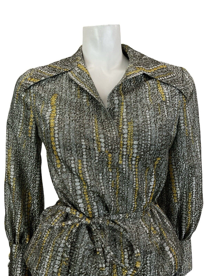 VTG 70S SILVER GOLD SPOTTY METALLIC DAGGER COLLAR BISHOP SLEEVE PARTY SHIRT 8