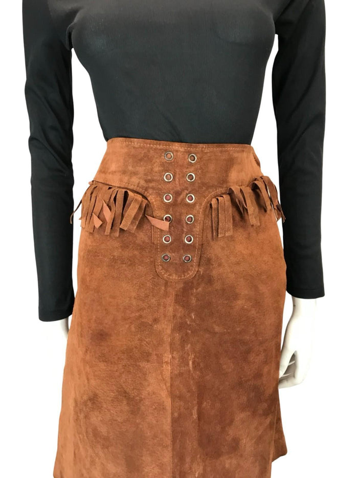 VTG 70S WESTERN COWBOY BROWN SUEDE FRINGE HIPPY BOHO MIDI SKIRT 4 6 XS