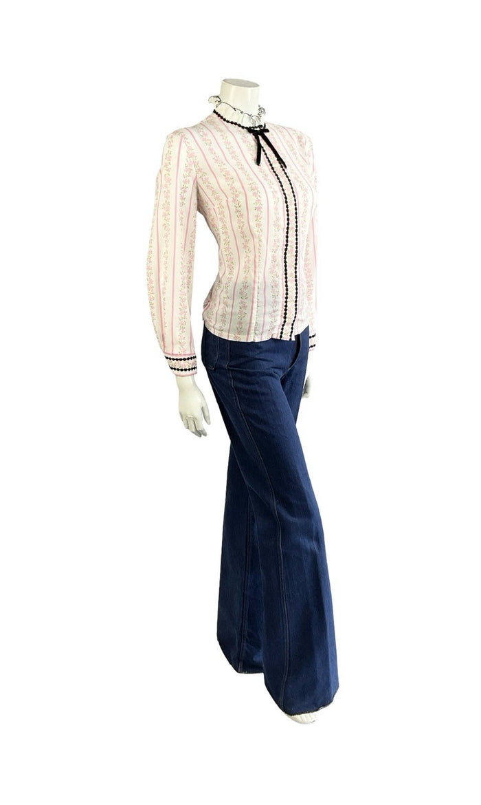 VTG 70S WHITE PINK BLACK EDWARDIAN FLORAL STRIPE VELVET BOW RUFFLE SHIRT 16