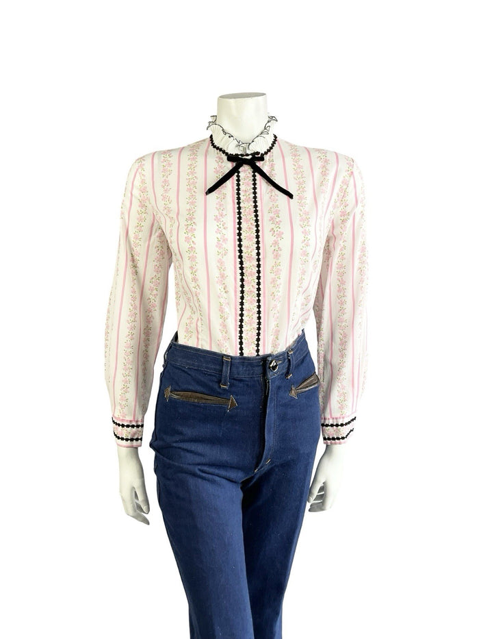 VTG 70S WHITE PINK BLACK EDWARDIAN FLORAL STRIPE VELVET BOW RUFFLE SHIRT 16