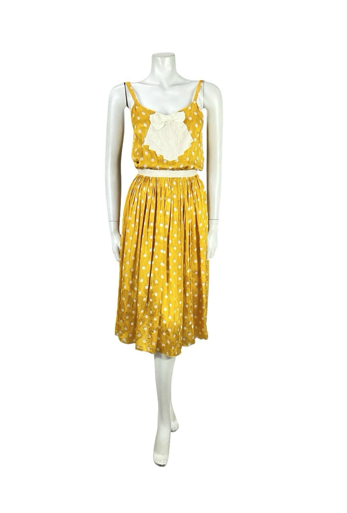 VTG 70S YELLOW GOLD CREAM ART DECO POLKA DOT FLORAL DAMASK STRAPPY DRESS XS 6