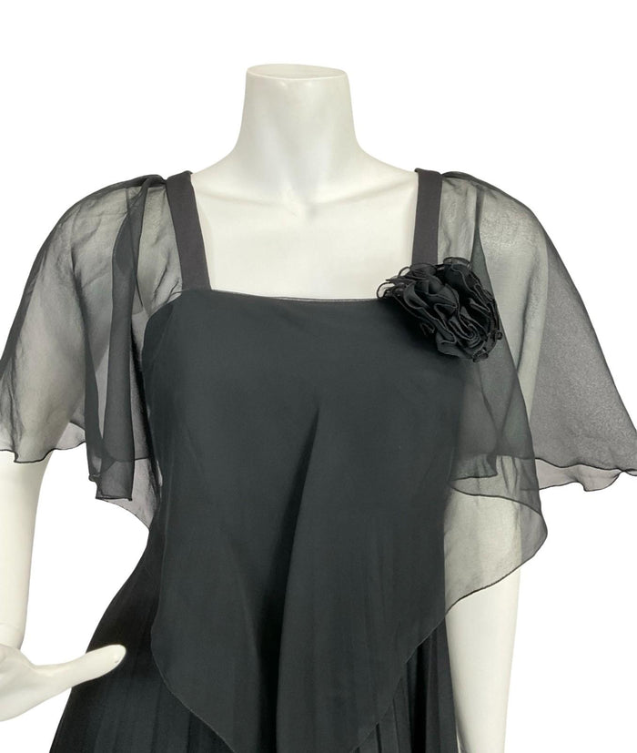 VTG 70S YESSICA BLACK PLEATED MESH CAPE STRAPPY EMPIRE MAXI DRESS 8