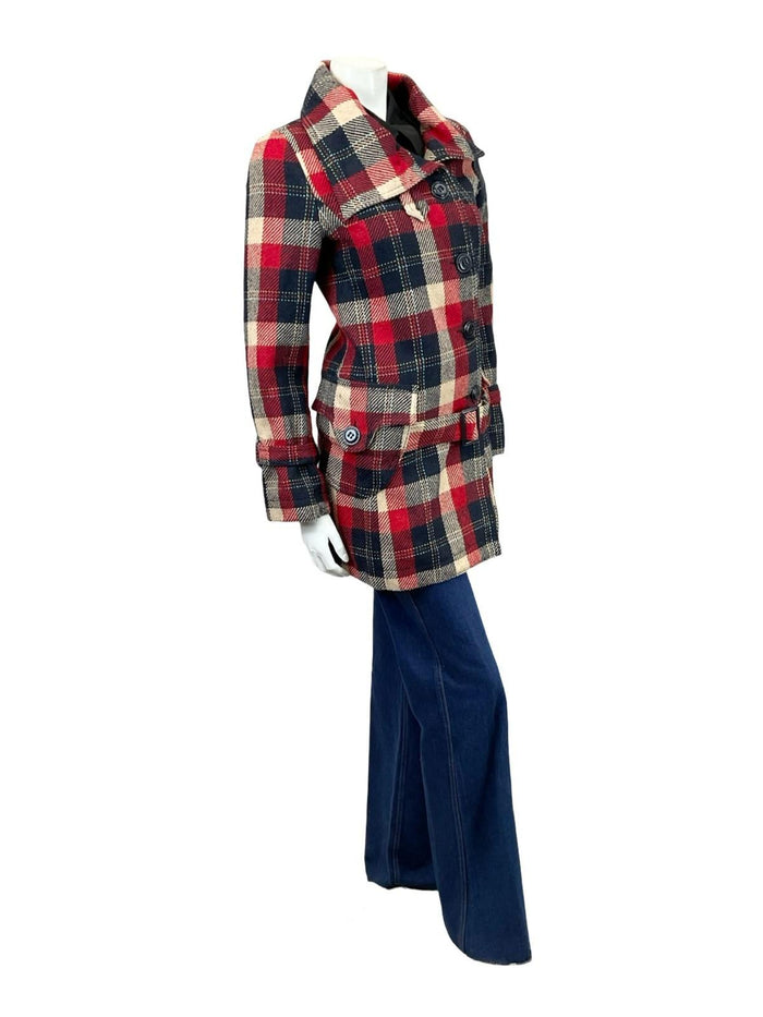 VTG 90S DOES 70S NAVY BLUE CREAM RED MOD ASYMMETRIC BUCKLE COAT 10