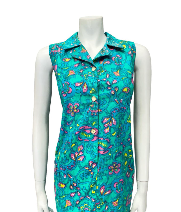 VTG 90s JAPANESE 60S INSPIRED BLUE PINK YELLOW PSYCHEDELIC FLORAL SHIFT DRESS 10