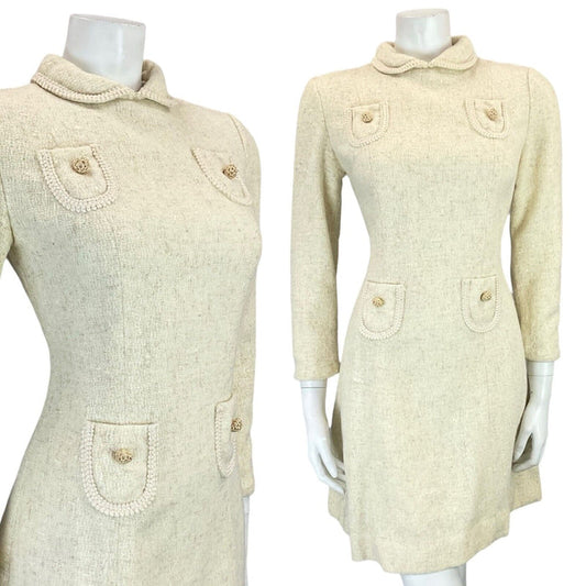 VTG ALVILETTE BOUCLE CREAM WOOL PETER PAN COLLAR POCKET TRIM MINI DRESS 6 8