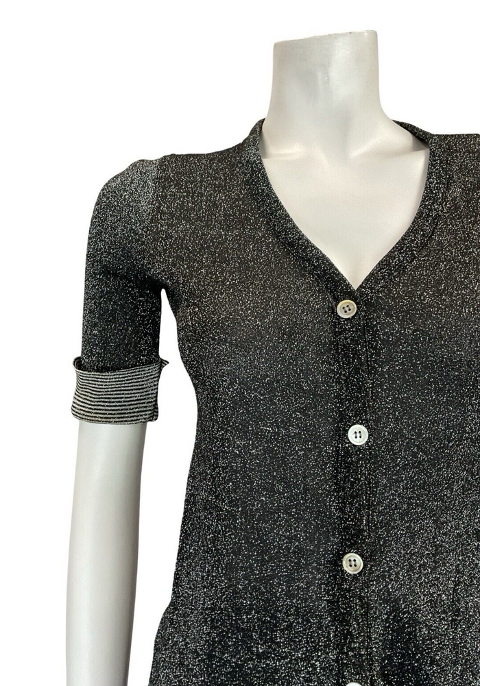 VTG BLACK WHITE DISCO MOD LUREX PARTY STRIPED CUFF BUTTON DOWN CARDIGAN TOP 6