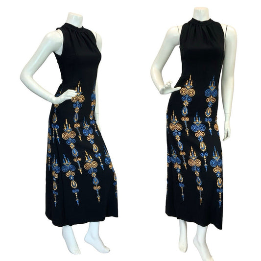 VTG BOHO 60S 70S MOD EMBROIDERY MAXI DRESS GOLD BLUE BLACK 6 8