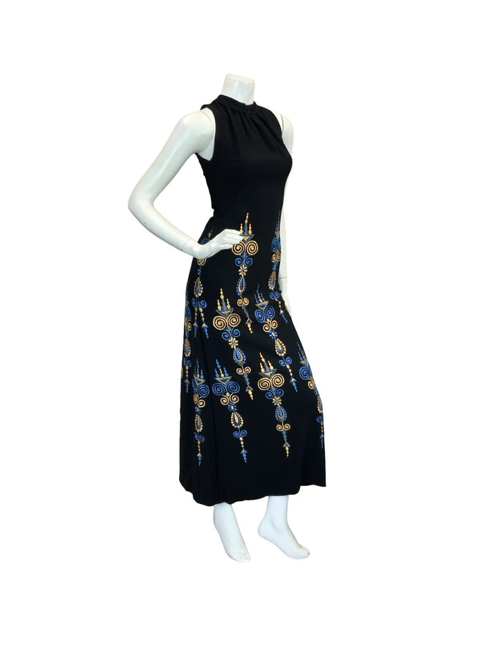 VTG BOHO 60S 70S MOD EMBROIDERY MAXI DRESS GOLD BLUE BLACK 6 8