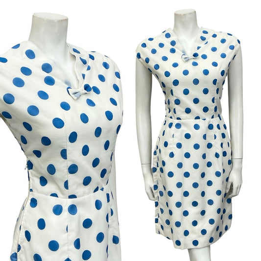 VTG EARLY 60S WHITE BLUE POLKA DOT SAILOR COLLAR BOW GEOMETRIC PENCIL DRESS 10
