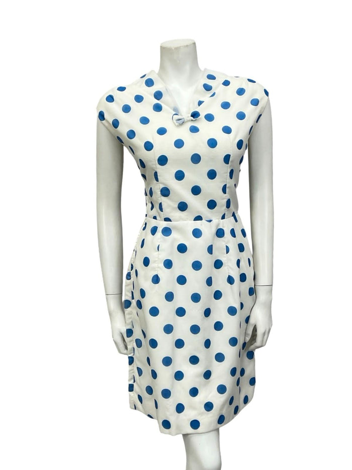 VTG EARLY 60S WHITE BLUE POLKA DOT SAILOR COLLAR BOW GEOMETRIC PENCIL DRESS 10