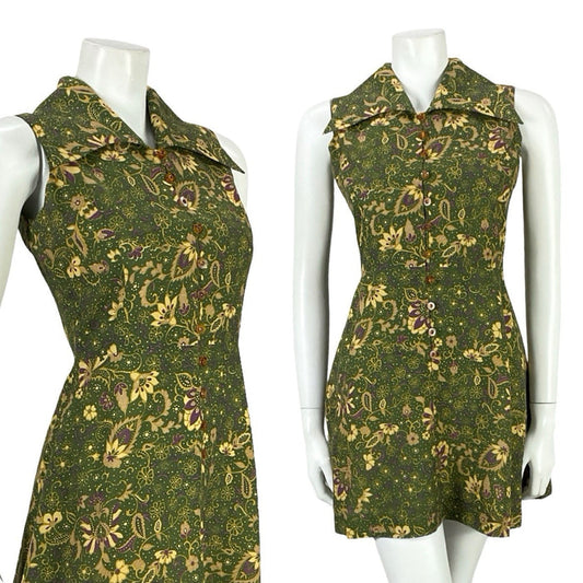 VTG JAPANESE 70S MOD GREEN PURPLE GOLD PSYCHEDELIC FLORAL DAGGER DRESS 6 8