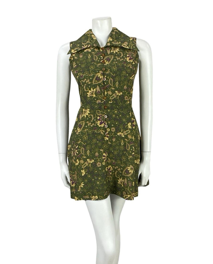 VTG JAPANESE 70S MOD GREEN PURPLE GOLD PSYCHEDELIC FLORAL DAGGER DRESS 6 8