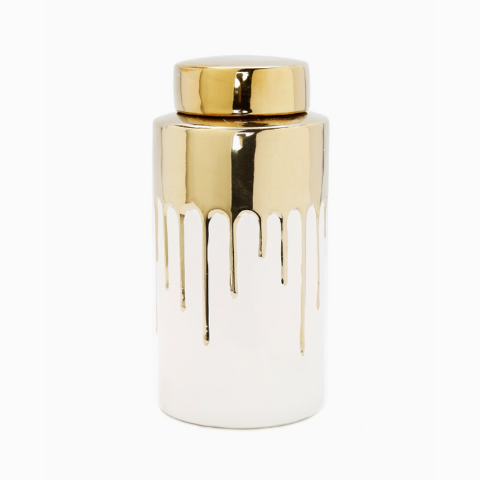 White Jar with Gold Cover and Drip Design