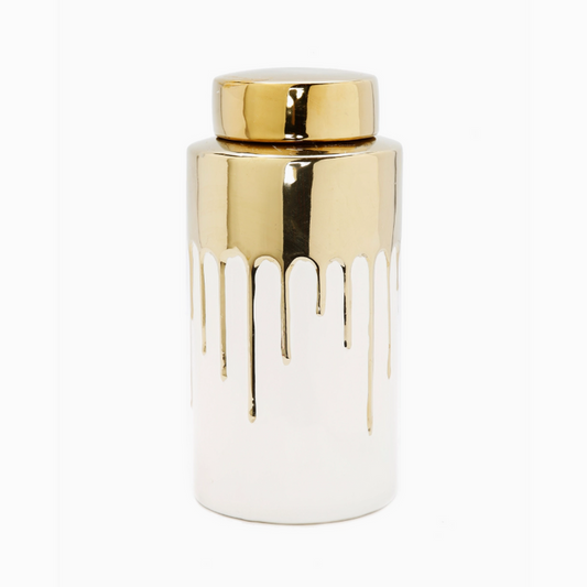 White Jar with Gold Cover and Drip Design