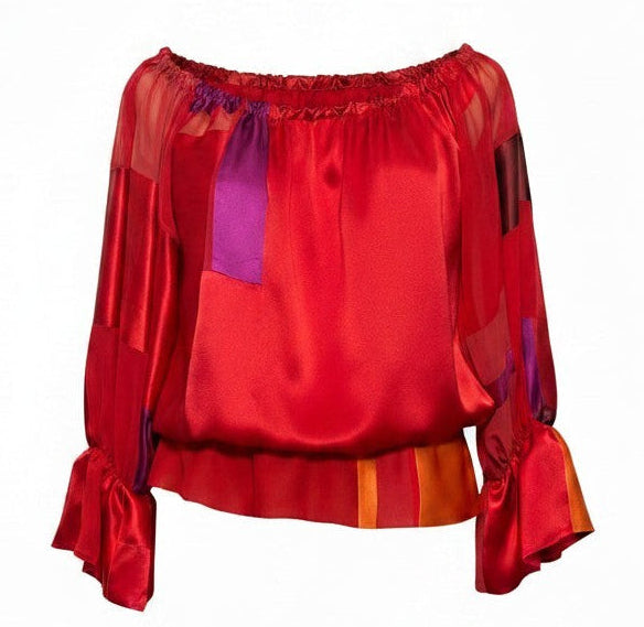 XLarge Red Patchwork Silk Charmeuse BOHO Top