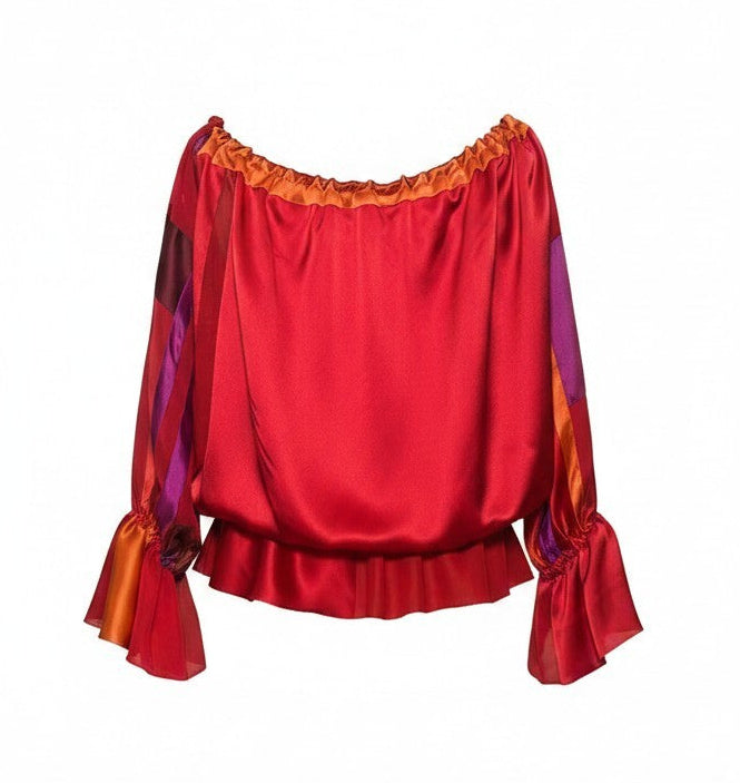 XLarge Red Patchwork Silk Charmeuse BOHO Top